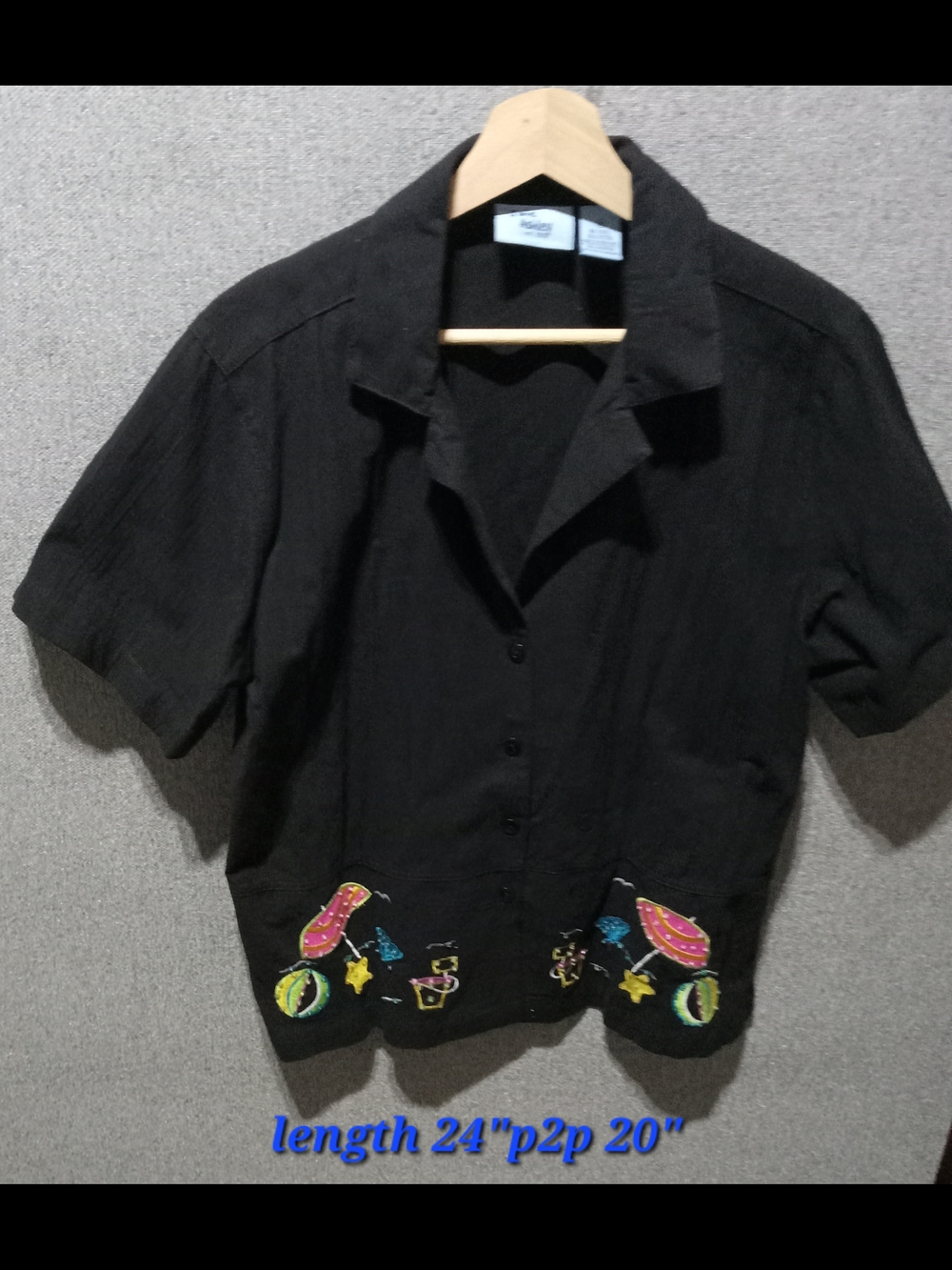 Jane Ashley Black Short-Sleeve Button Blouse with Colorful Embroidered Hem